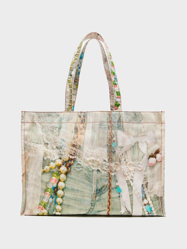 Logo Shoulder Tote Bag in White and Green