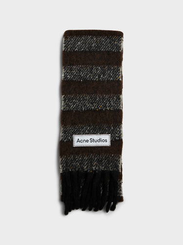 Fringed Wool Skinny Scarf in Grey and Dark Brown