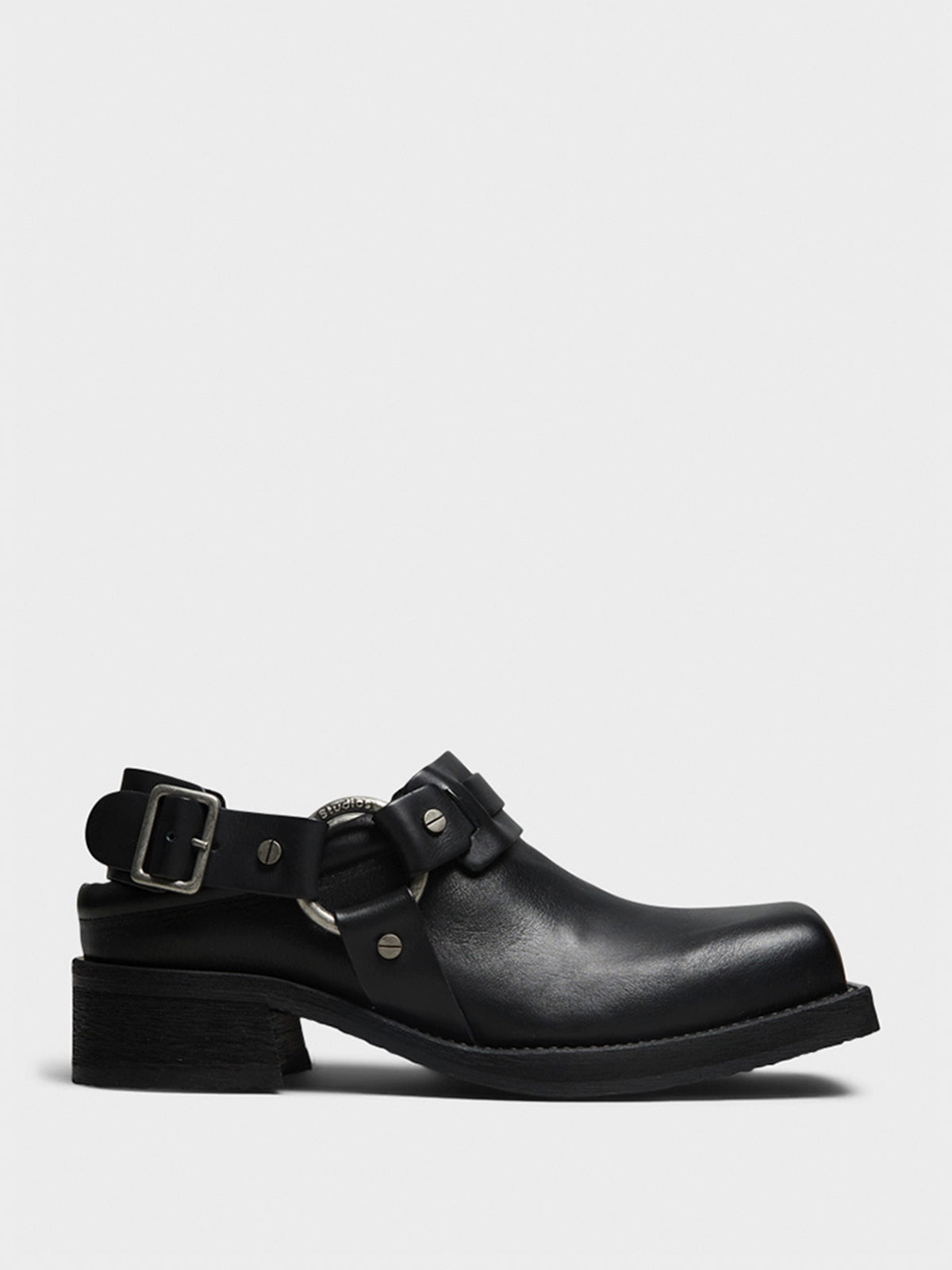 Leather Buckle Mules in Black