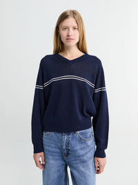 Dunst - V-Neck Striped Sweater in Navy Stripe