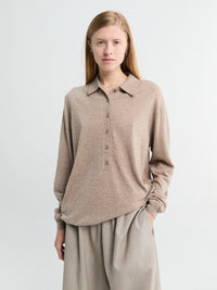 The Frankie Shop - Tala Knit V-Neck Polo in Taupe Melange