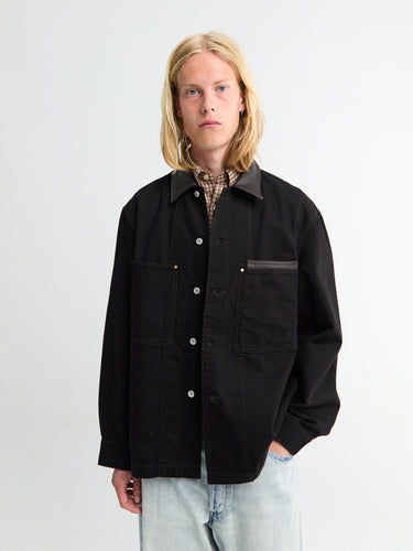 Lemaire - Workwear Overshirt With Leather Collar in Black