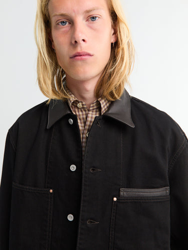 Lemaire - Workwear Overshirt With Leather Collar in Black