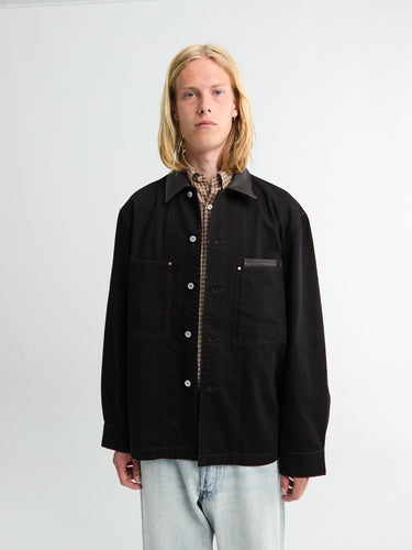 Lemaire - Workwear Overshirt With Leather Collar in Black