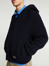 Meta Campania Collective - Michel Exaggerated Rub Organic Cotton Hooded Cardigan in Midnight Blue
