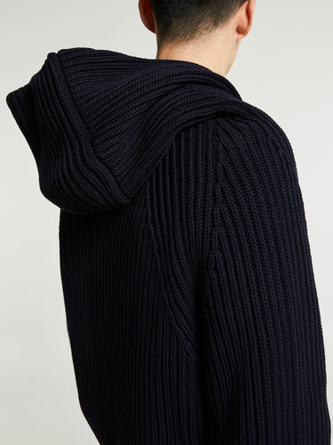 Meta Campania Collective - Michel Exaggerated Rub Organic Cotton Hooded Cardigan in Midnight Blue