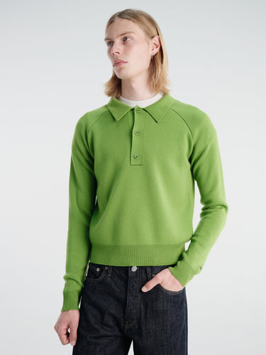 Meta Campania Collective - Jed Longsleeve Polo Shirt in Grass Green-Italian Mercerized Merino