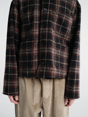Meta Campania Collective - Bill Cropped Wool Check Creek Workwear Jacket in Black And Brown Check-Italian Creek Check Wool