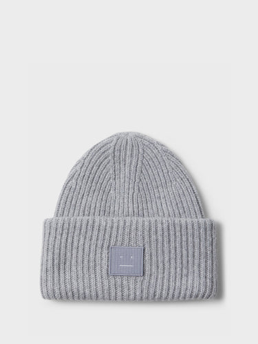 Acne Studios - Large Pansy Face Logo Beanie in Grey Melange