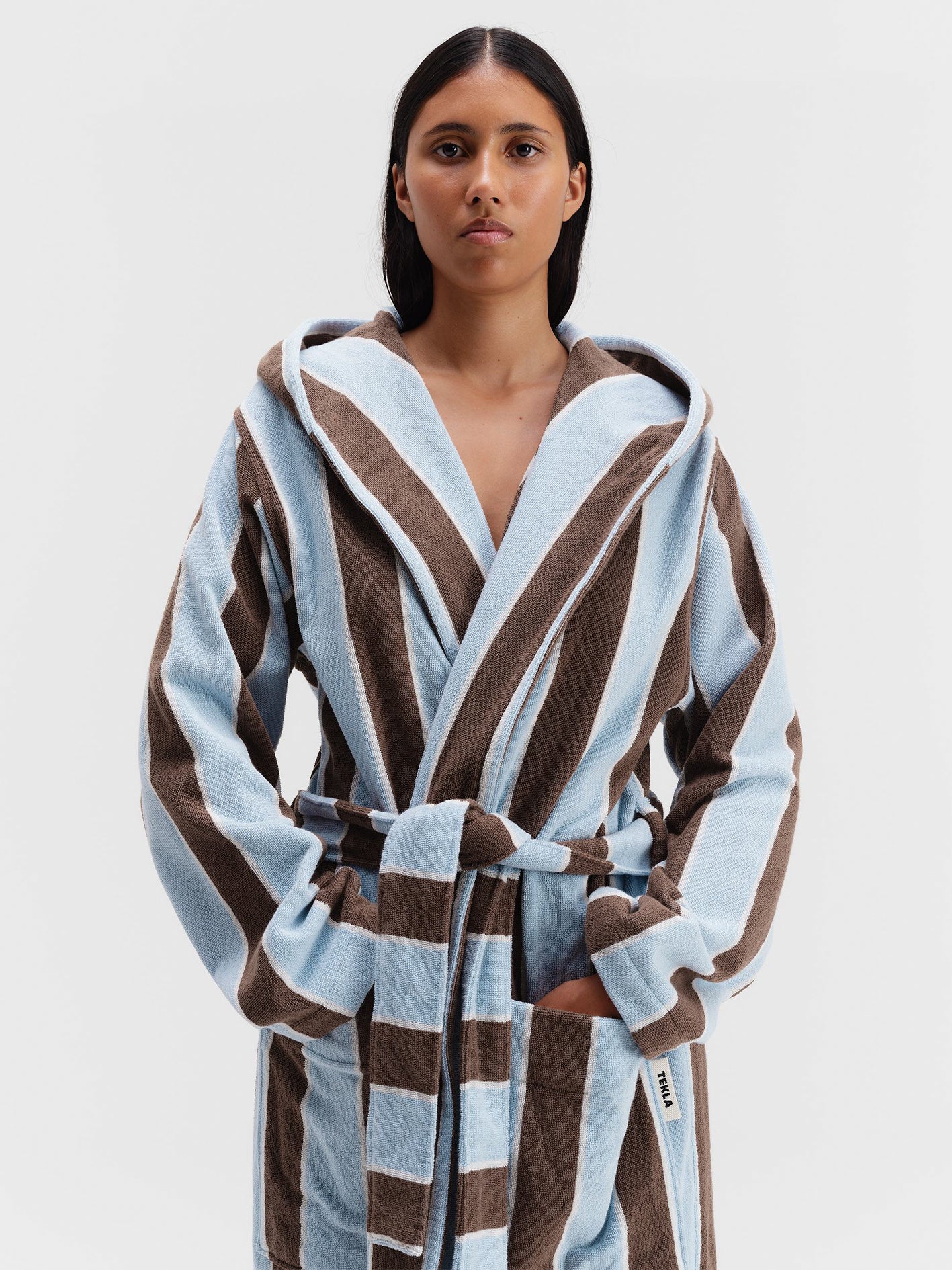 Tekla - Hooded Bathrobe in Cocoa Stripes – Stoy