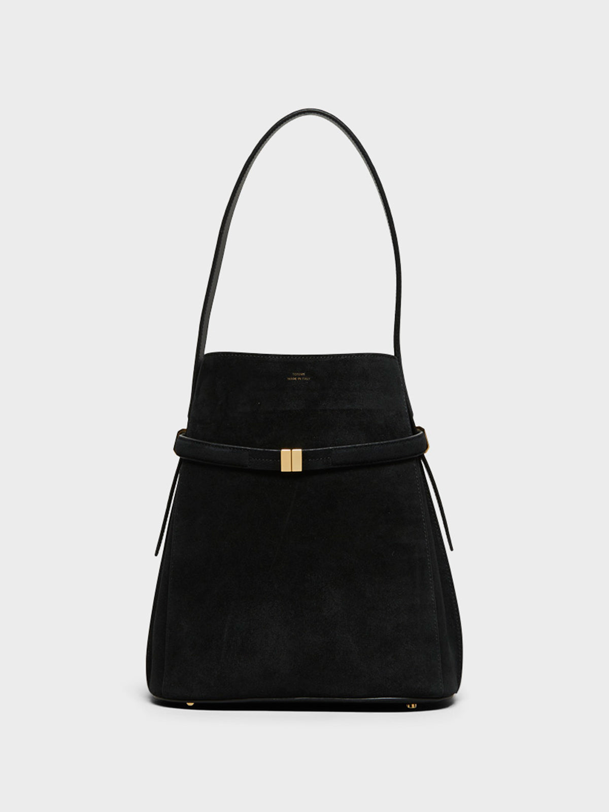 Belted Suede Bucket Bag in Black