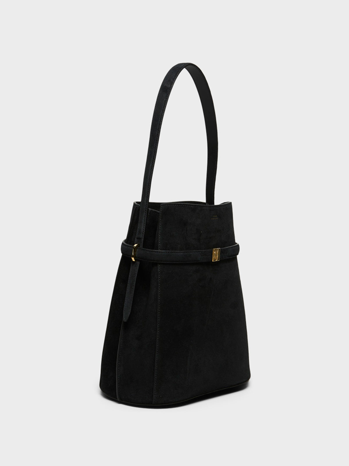 Belted Suede Bucket Bag in Black