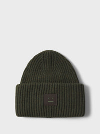 Acne Studios - Large Pansy Face Logo Beanie in Dark Khaki Melange