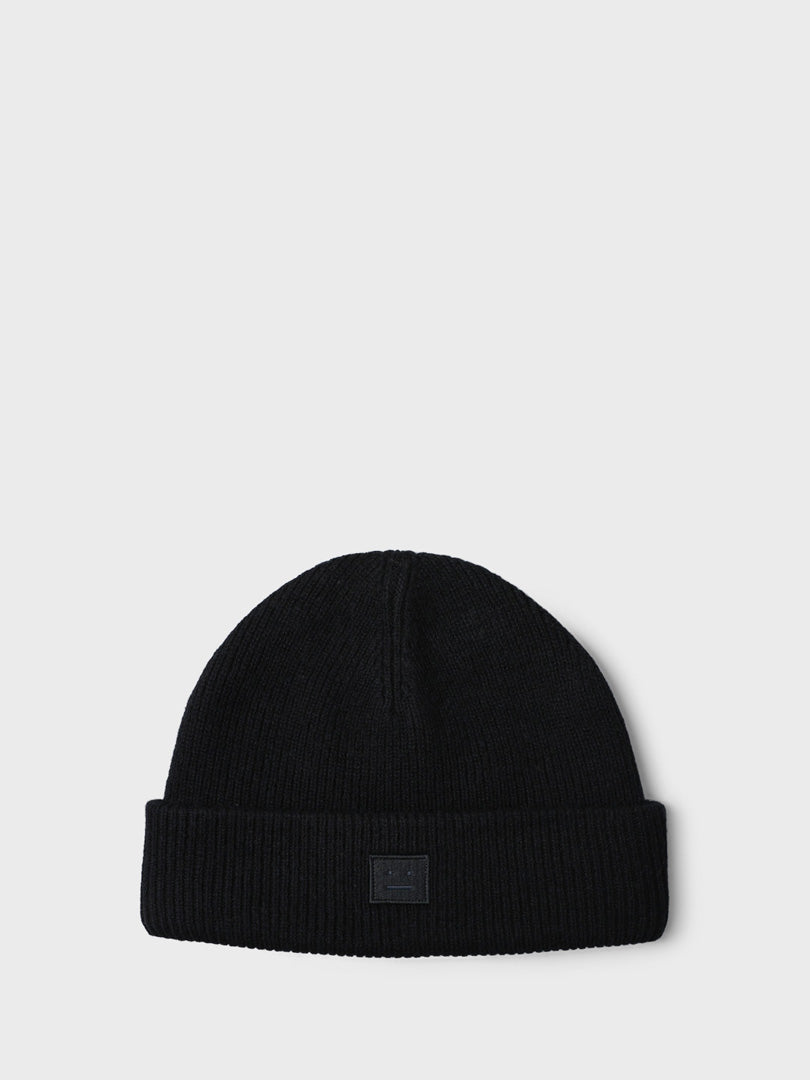 Acne Studios Face - Ribbed Knit Beanie Hat in Black