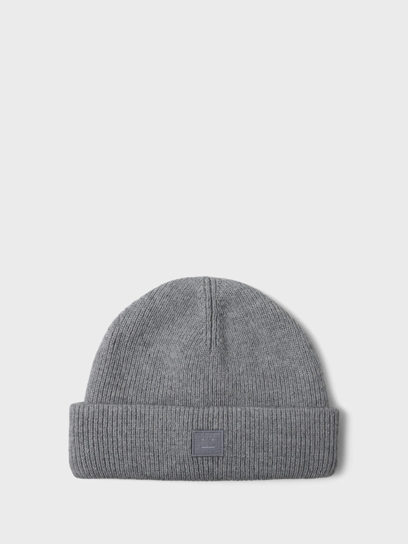 Acne Studios Face - Ribbed Knit Beanie Hat in Grey Melange