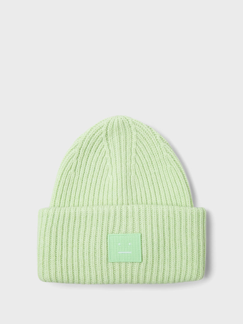 Acne Studios Face - Ribbed Knit Beanie Hat in Pale Green Melange