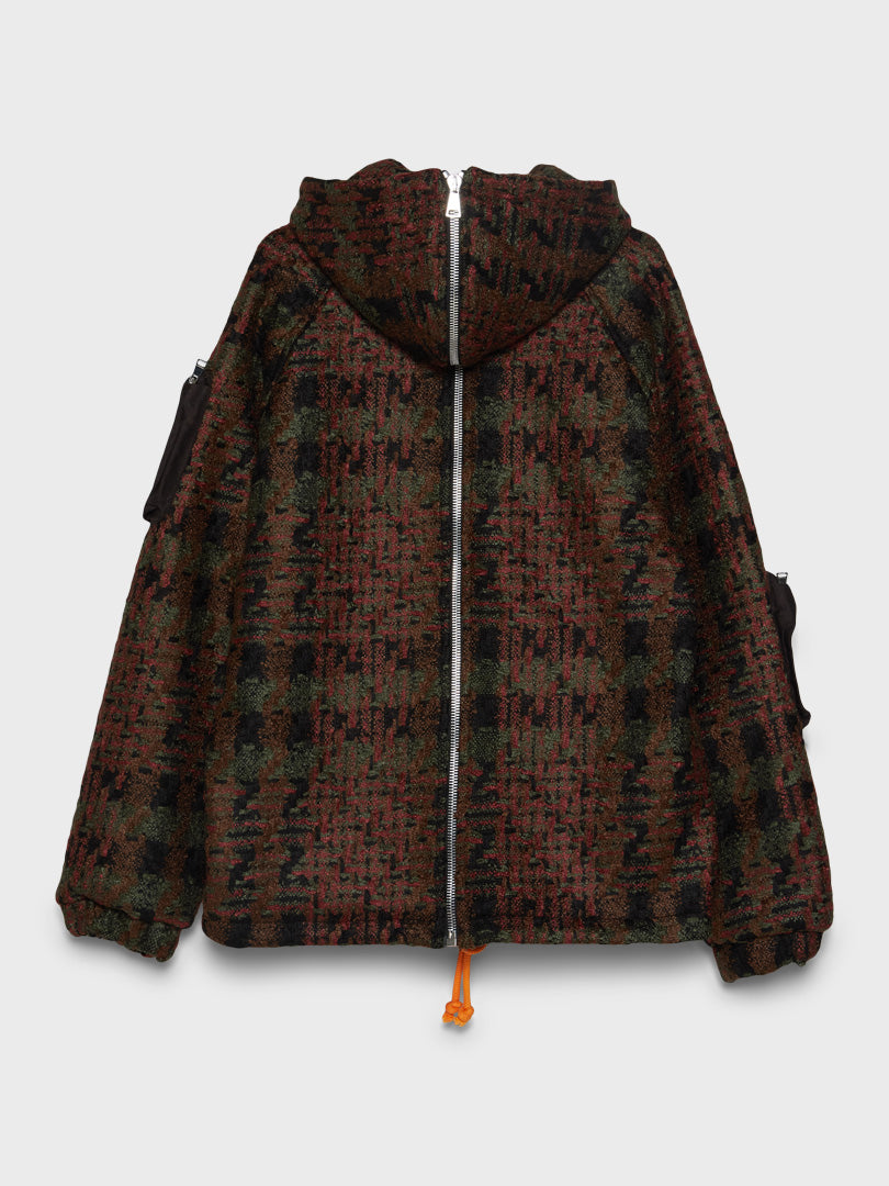 Wool Jacket With Hood in Faded Red and Green Comb