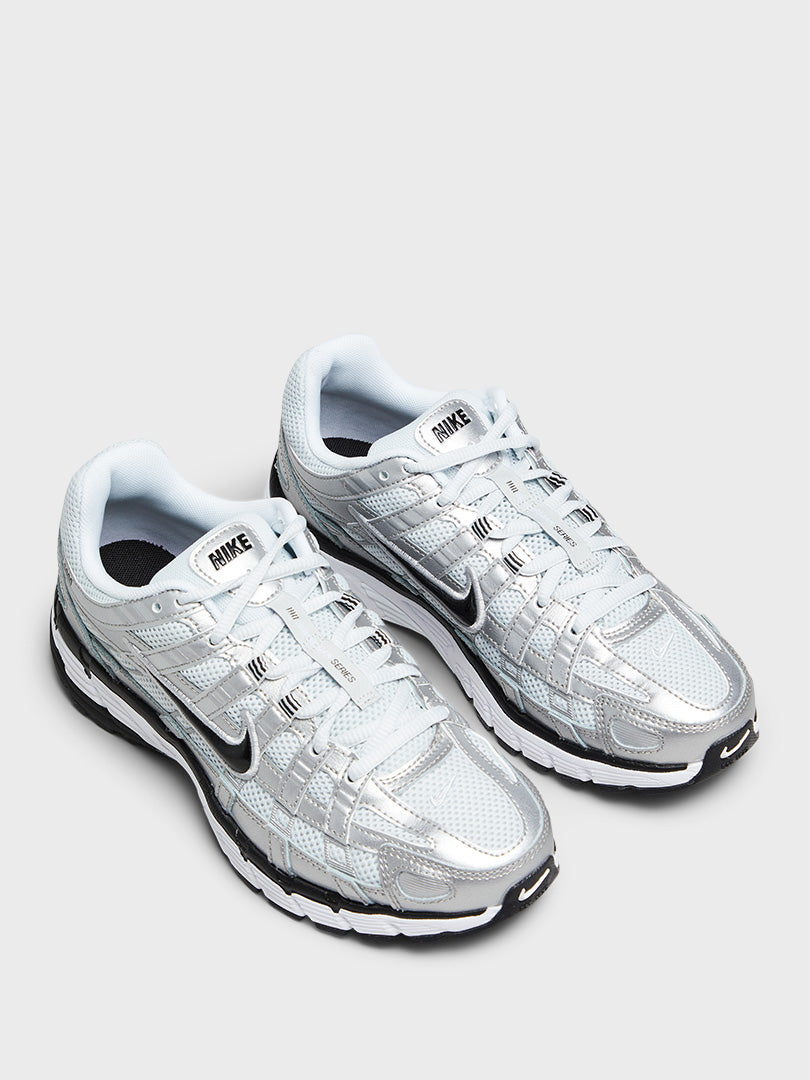 P-6000 Sneakers in White, Black and Metallic Silver