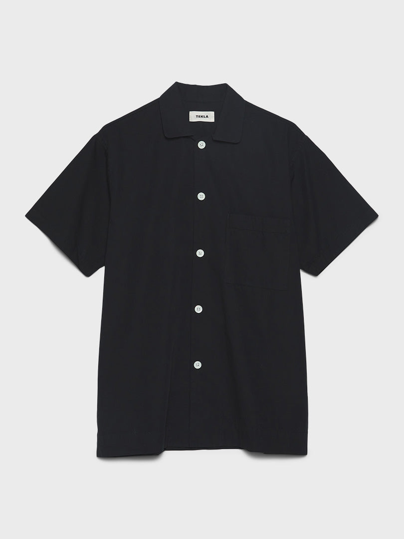 Tekla - Cotton Poplin Pyjamas Short Sleeve Shirt in All Black