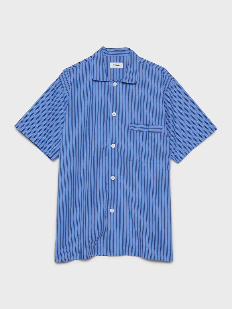 Tekla - Cotton Poplin Pyjamas Short Sleeve Shirt in Boro Stripes