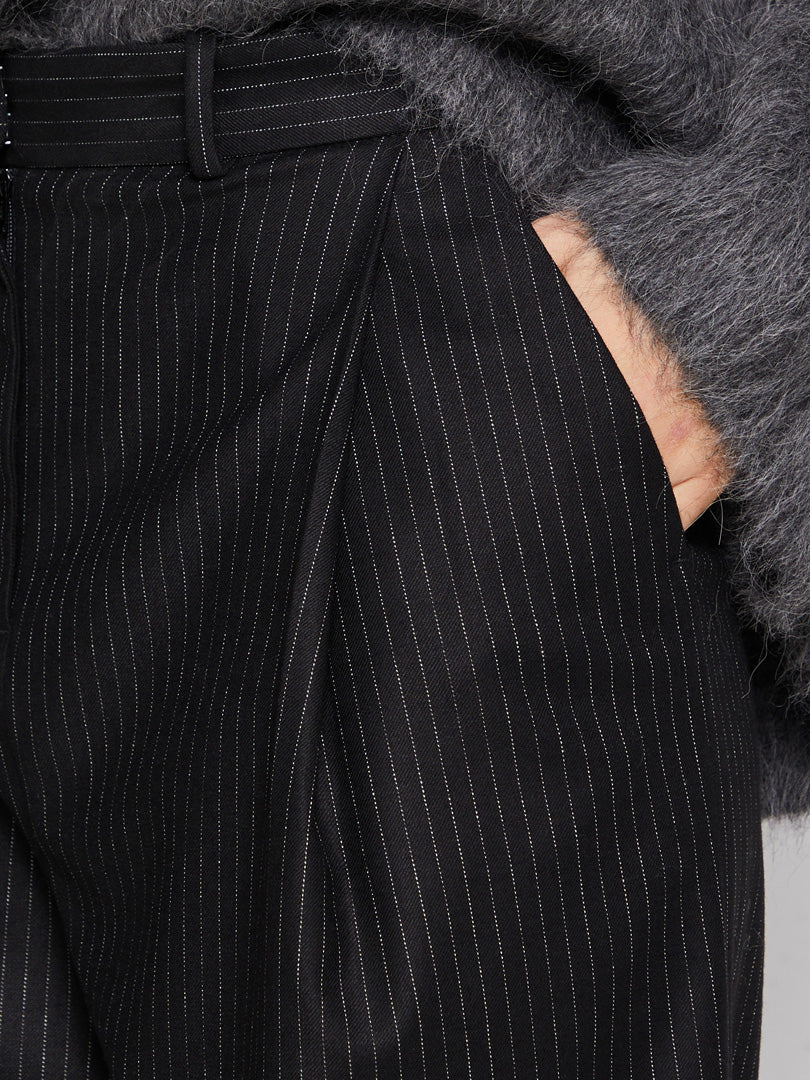 Tapered Viscose Wool Trousers in Black Pinstripe