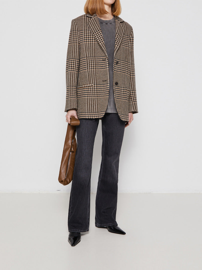 Longline Wool Blazer in Brown Check